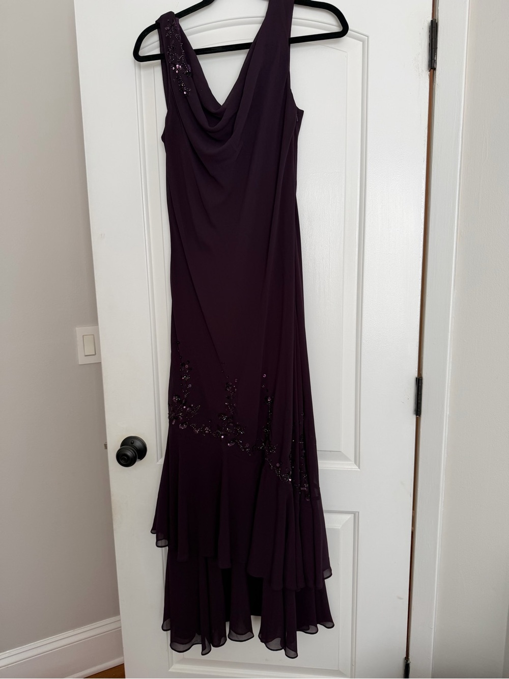 Xscape Deep Plum Beaded Cowl-Neck Midi Dress